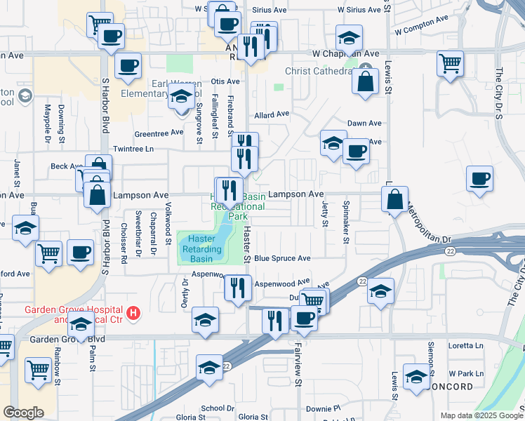 map of restaurants, bars, coffee shops, grocery stores, and more near 12560 Haster Street in Garden Grove