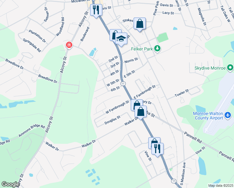 map of restaurants, bars, coffee shops, grocery stores, and more near 109 6th Street in Monroe