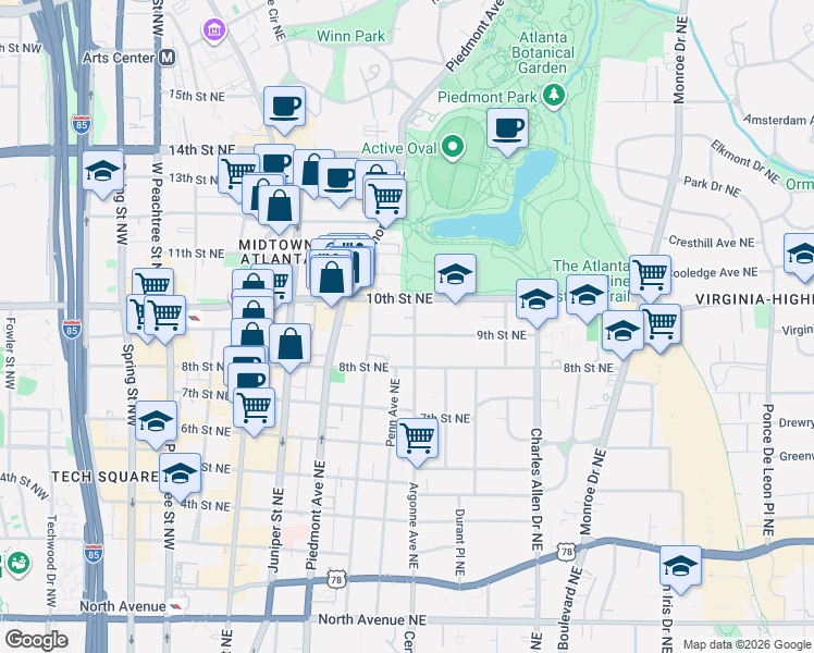 map of restaurants, bars, coffee shops, grocery stores, and more near in Atlanta