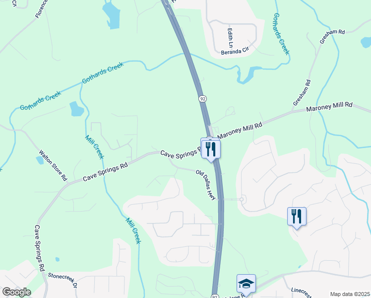 map of restaurants, bars, coffee shops, grocery stores, and more near 5492 Cave Springs Road in Douglasville