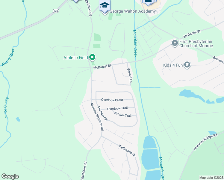 map of restaurants, bars, coffee shops, grocery stores, and more near 549 Spruce Lane in Monroe