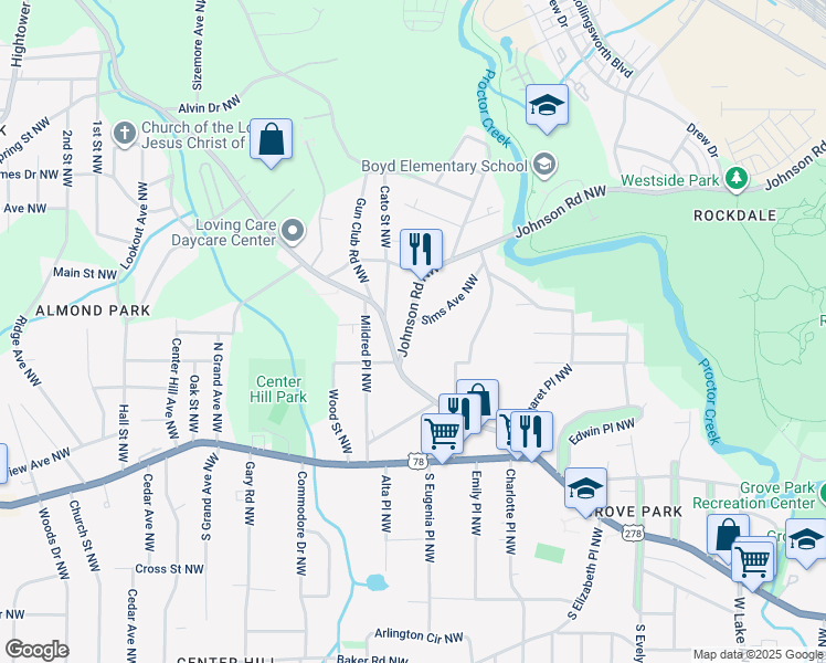 map of restaurants, bars, coffee shops, grocery stores, and more near 28 Johnson Road Northwest in Atlanta