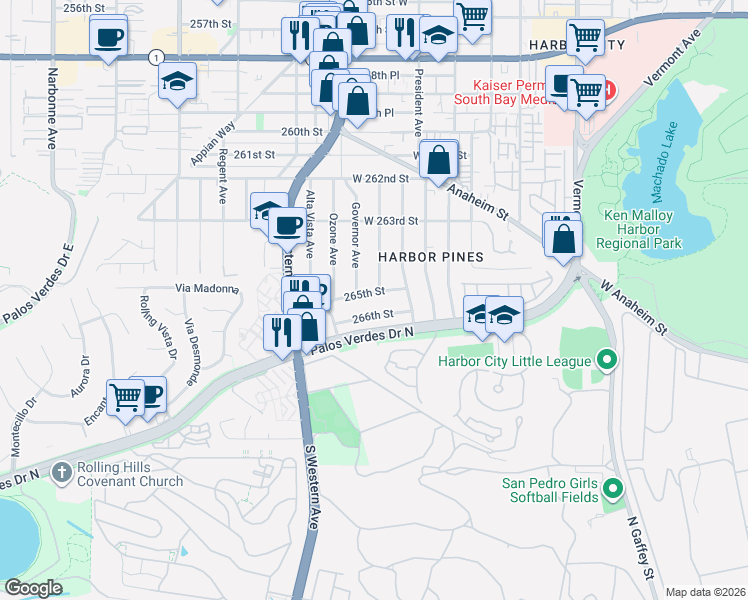 map of restaurants, bars, coffee shops, grocery stores, and more near 1640 265th Street in Los Angeles