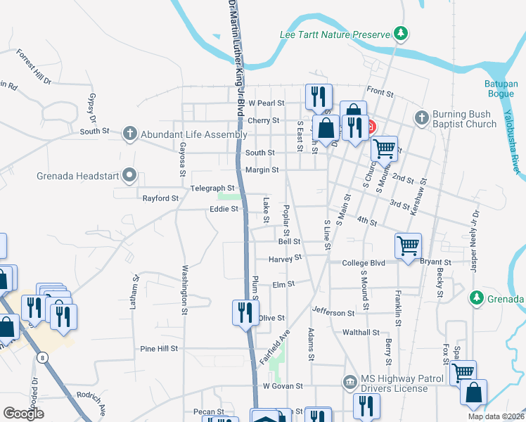 map of restaurants, bars, coffee shops, grocery stores, and more near 401-413 Boone Alley in Grenada