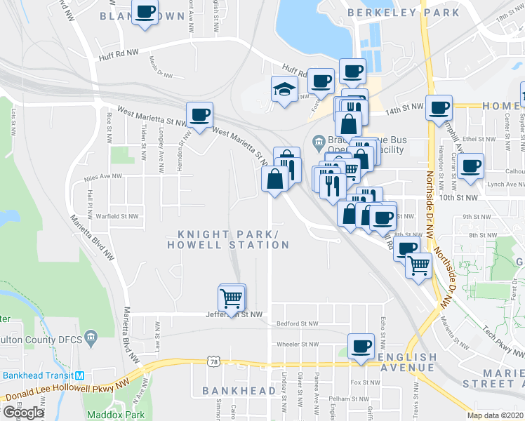 map of restaurants, bars, coffee shops, grocery stores, and more near 950 Joseph E. Lowery Boulevard Northwest in Atlanta