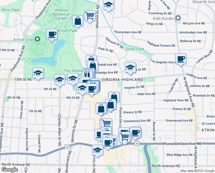 map of restaurants, bars, coffee shops, grocery stores, and more near 609 Virginia Avenue Northeast in Atlanta