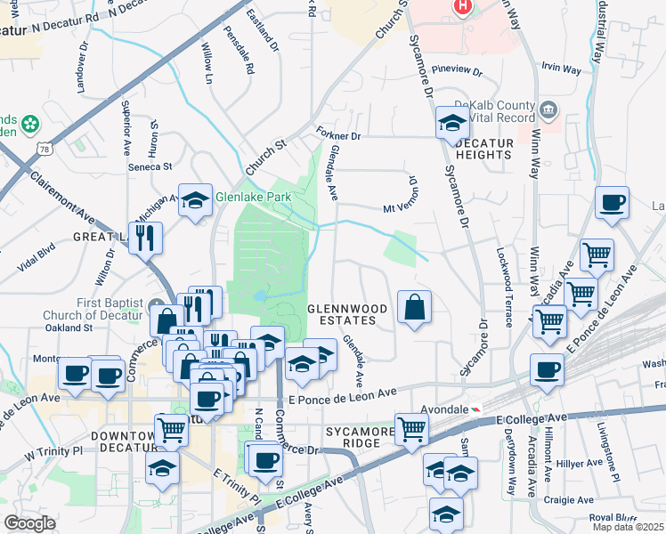 map of restaurants, bars, coffee shops, grocery stores, and more near Glendale Avenue in Decatur