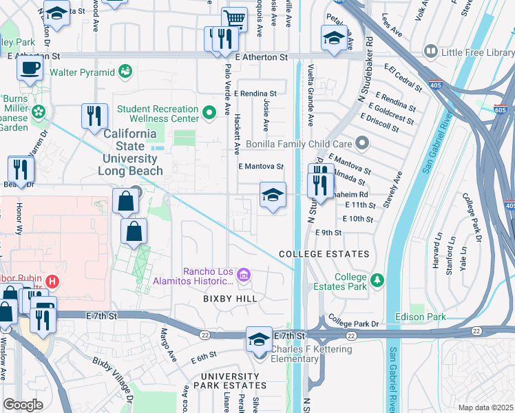 map of restaurants, bars, coffee shops, grocery stores, and more near 1100 Iroquois Avenue in Long Beach