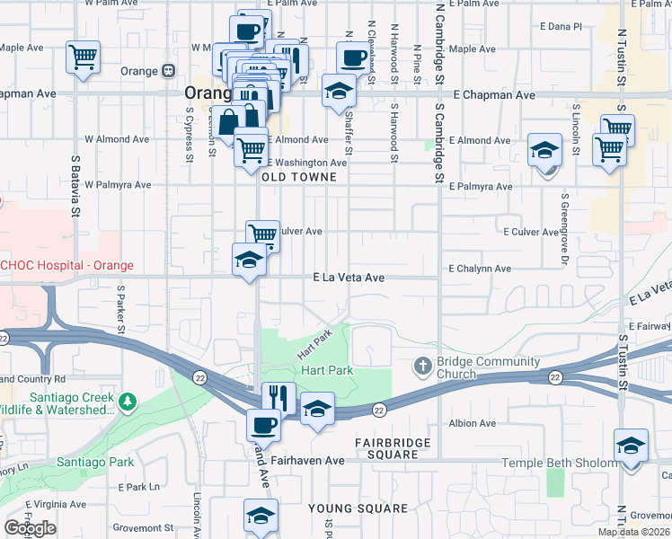map of restaurants, bars, coffee shops, grocery stores, and more near 452 South Shaffer Street in Orange