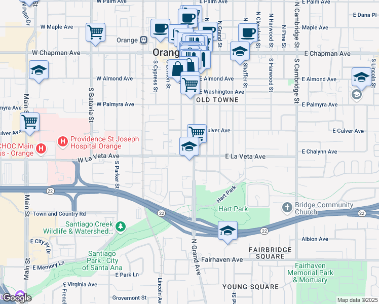 map of restaurants, bars, coffee shops, grocery stores, and more near 454 South Glassell Street in Orange