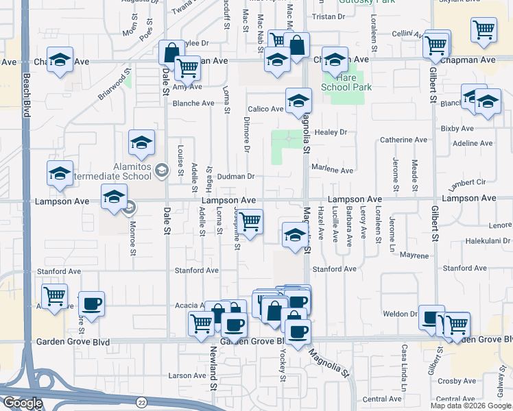 map of restaurants, bars, coffee shops, grocery stores, and more near 8841 Lampson Avenue in Garden Grove
