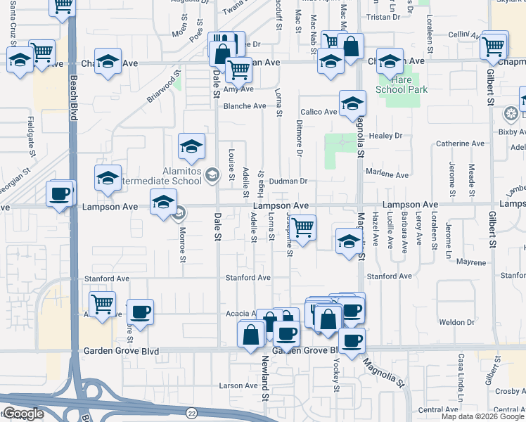 map of restaurants, bars, coffee shops, grocery stores, and more near 8673 Lampson Avenue in Garden Grove