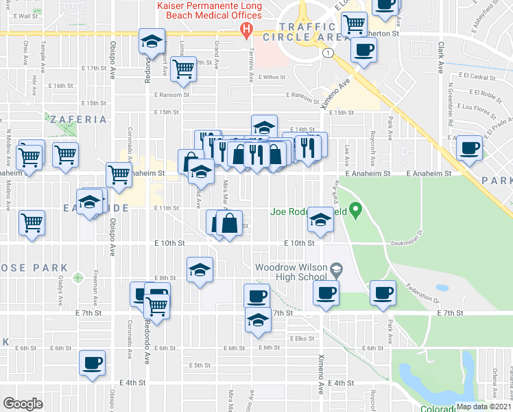 map of restaurants, bars, coffee shops, grocery stores, and more near 1141 Termino Avenue in Long Beach