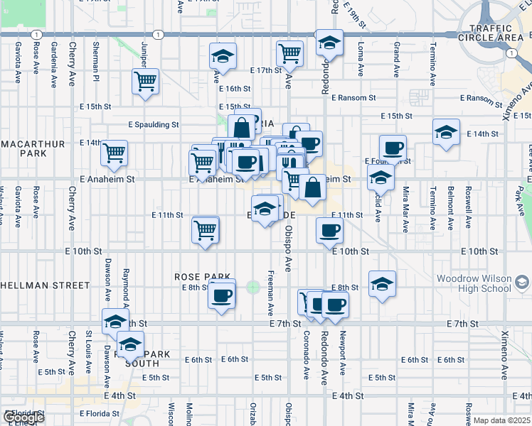 map of restaurants, bars, coffee shops, grocery stores, and more near 1136 Orizaba Avenue in Long Beach