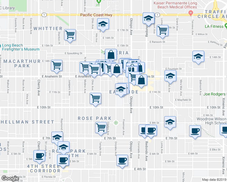 map of restaurants, bars, coffee shops, grocery stores, and more near 1136 Orizaba Avenue in Long Beach