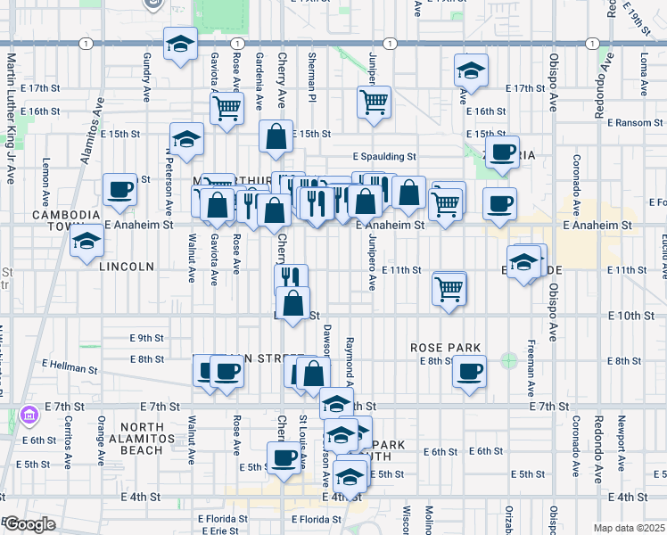 map of restaurants, bars, coffee shops, grocery stores, and more near 1130 Dawson Avenue in Long Beach