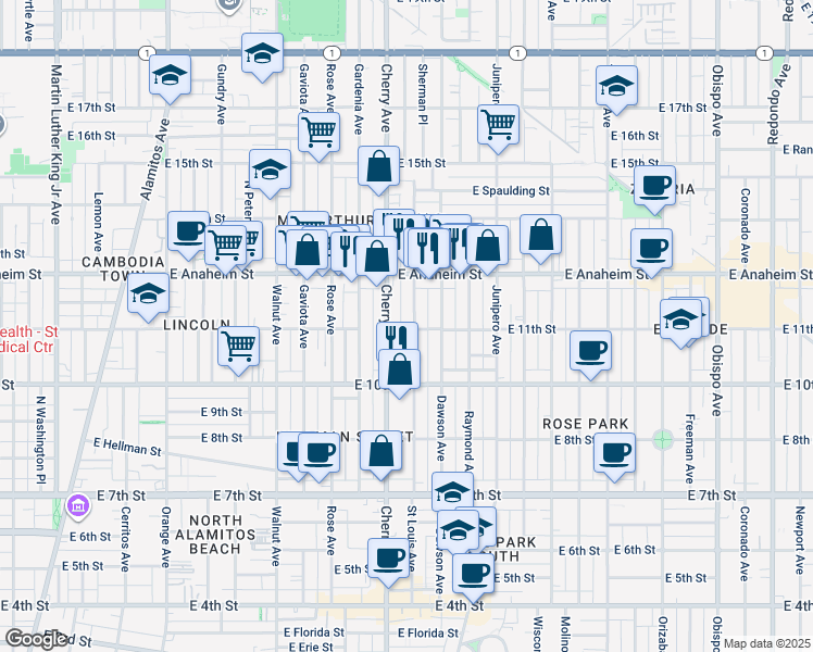 map of restaurants, bars, coffee shops, grocery stores, and more near 1131 Saint Louis Avenue in Long Beach