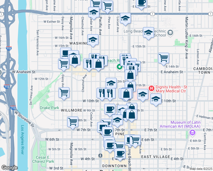 map of restaurants, bars, coffee shops, grocery stores, and more near 1205 Pine Avenue in Long Beach