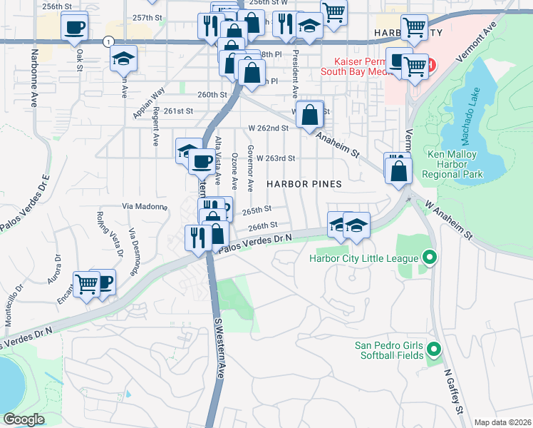 map of restaurants, bars, coffee shops, grocery stores, and more near 1643 265th Street in Los Angeles