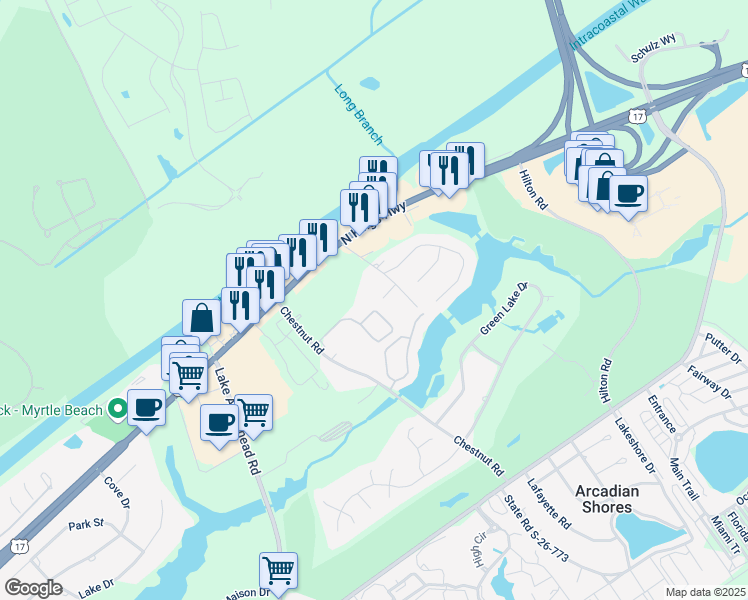map of restaurants, bars, coffee shops, grocery stores, and more near 606 Wagon Wheel Road in Myrtle Beach