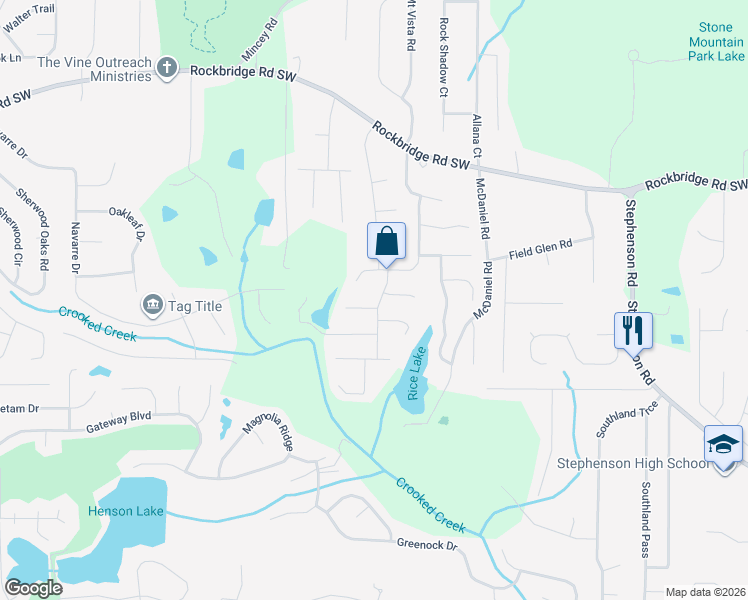 map of restaurants, bars, coffee shops, grocery stores, and more near 6062 Hitt Lake Court in Stone Mountain