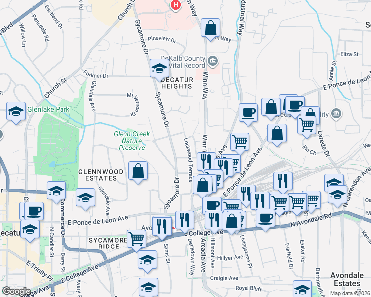 map of restaurants, bars, coffee shops, grocery stores, and more near 304 Sycamore Ridge Drive in Decatur