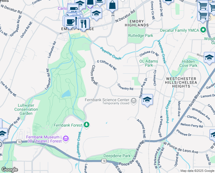 map of restaurants, bars, coffee shops, grocery stores, and more near 1658 East Clifton Road Northeast in Atlanta