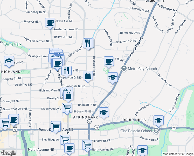 map of restaurants, bars, coffee shops, grocery stores, and more near 985 Rosedale Road Northeast in Atlanta