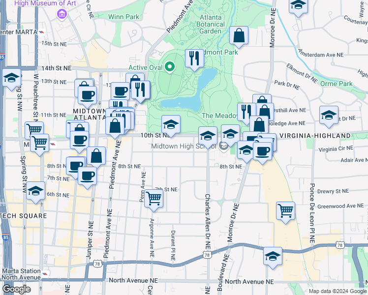 map of restaurants, bars, coffee shops, grocery stores, and more near 371 10th Street Northeast in Atlanta