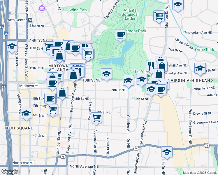 map of restaurants, bars, coffee shops, grocery stores, and more near 371 10th Street Northeast in Atlanta