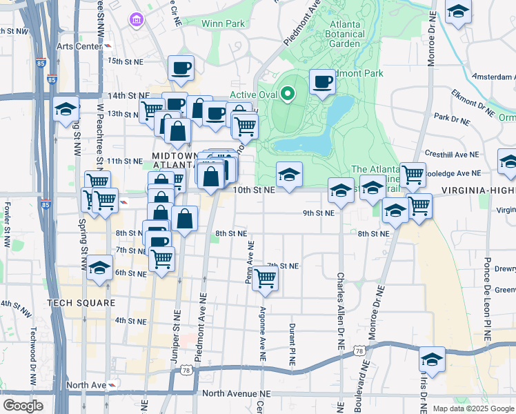 map of restaurants, bars, coffee shops, grocery stores, and more near in Atlanta