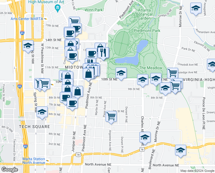 map of restaurants, bars, coffee shops, grocery stores, and more near in Atlanta