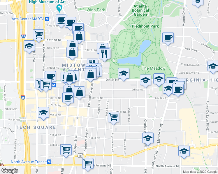 map of restaurants, bars, coffee shops, grocery stores, and more near in Atlanta