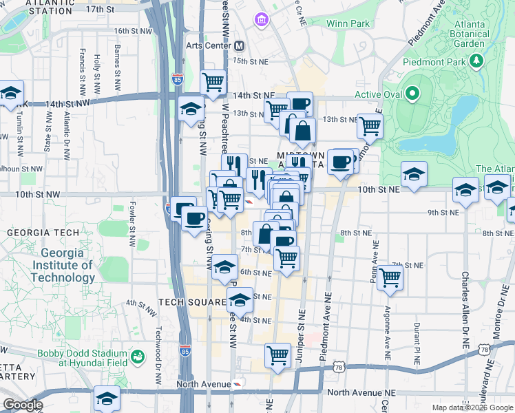 map of restaurants, bars, coffee shops, grocery stores, and more near 65 10th Street Northeast in Atlanta