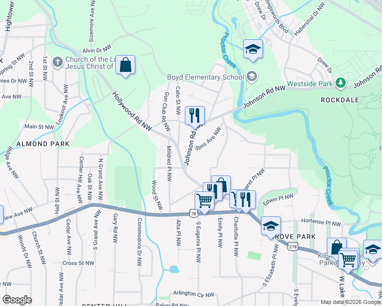map of restaurants, bars, coffee shops, grocery stores, and more near 28 Johnson Road Northwest in Atlanta