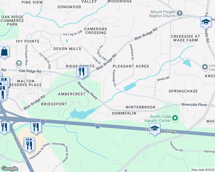 map of restaurants, bars, coffee shops, grocery stores, and more near 1104 Shimmering Court in Austell