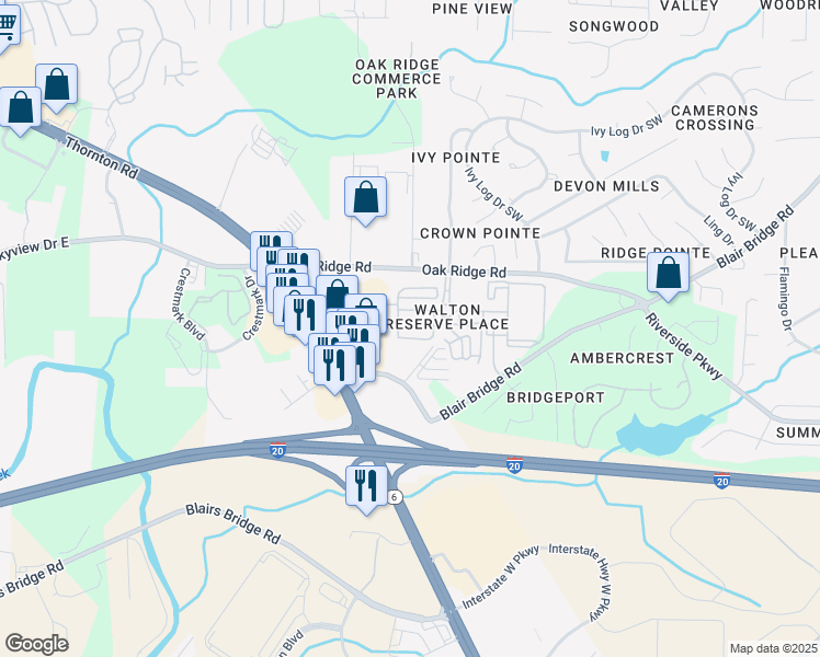map of restaurants, bars, coffee shops, grocery stores, and more near 1698 Walton Reserve Boulevard in Austell