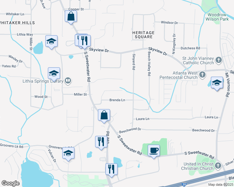 map of restaurants, bars, coffee shops, grocery stores, and more near 3369 Linda Drive in Lithia Springs