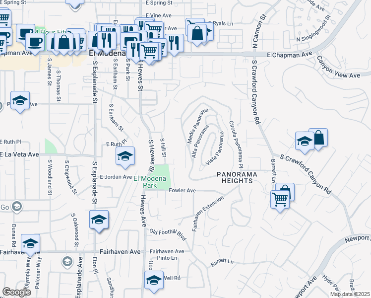 map of restaurants, bars, coffee shops, grocery stores, and more near 12284 Circula Panorama Place in Santa Ana