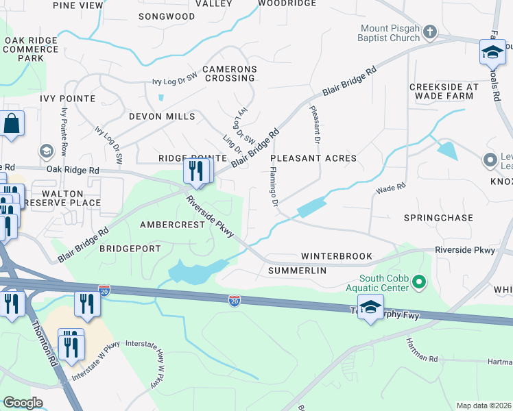 map of restaurants, bars, coffee shops, grocery stores, and more near 1104 Shimmering Court in Austell