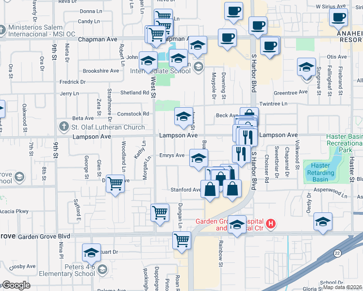 map of restaurants, bars, coffee shops, grocery stores, and more near 12541 Nadine Lane in Garden Grove