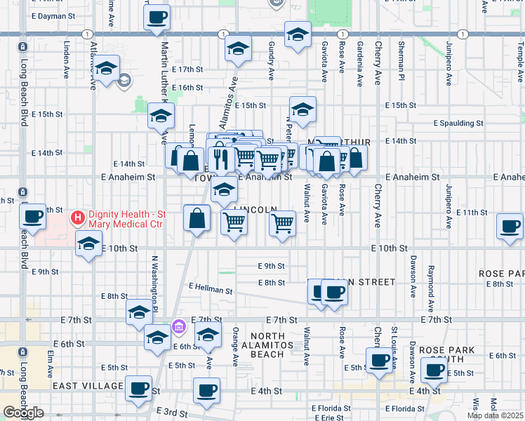 map of restaurants, bars, coffee shops, grocery stores, and more near 1100 1/2 Mahanna Avenue in Long Beach