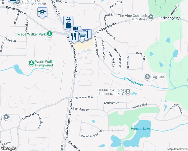 map of restaurants, bars, coffee shops, grocery stores, and more near 557 Old Friar Tuck Lane in Stone Mountain