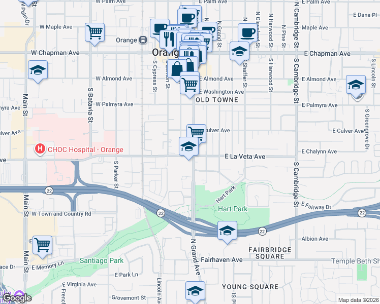 map of restaurants, bars, coffee shops, grocery stores, and more near 480 South Glassell Street in Orange