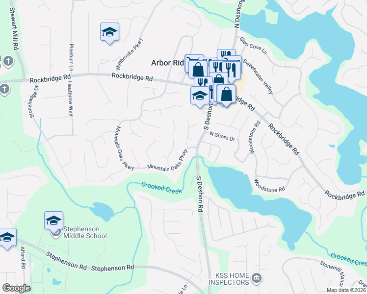 map of restaurants, bars, coffee shops, grocery stores, and more near 555 Sutters Mill Road in Stone Mountain