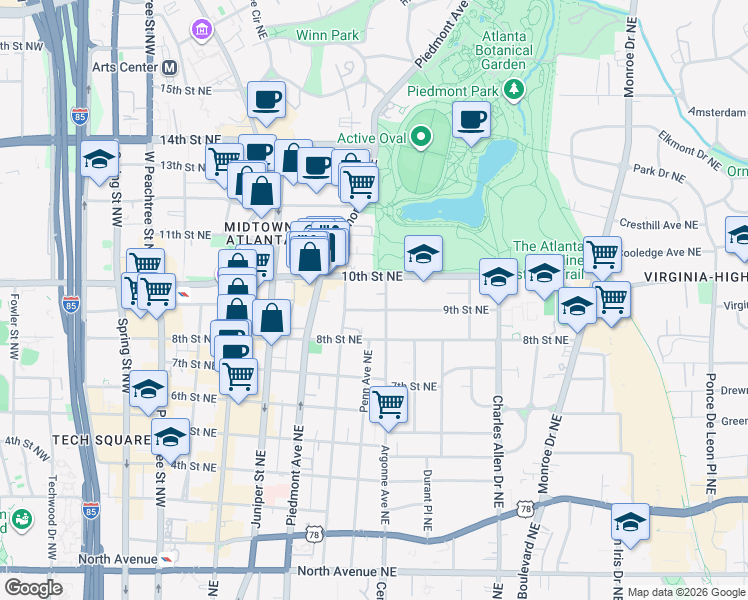 map of restaurants, bars, coffee shops, grocery stores, and more near 282 9th Street Northeast in Atlanta