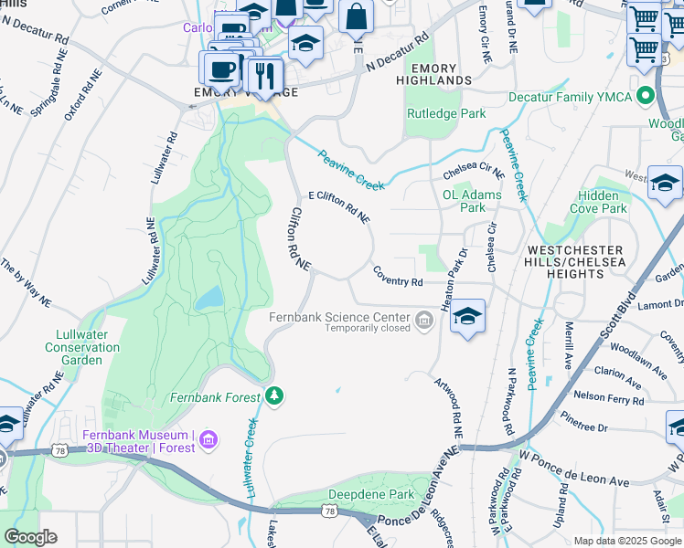 map of restaurants, bars, coffee shops, grocery stores, and more near 1658 East Clifton Road Northeast in Atlanta