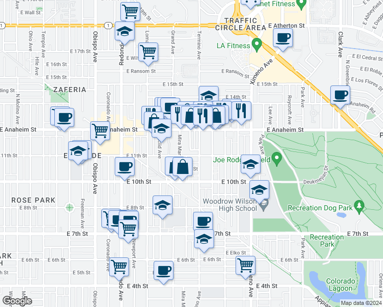 map of restaurants, bars, coffee shops, grocery stores, and more near 3915 East 11th Street in Long Beach
