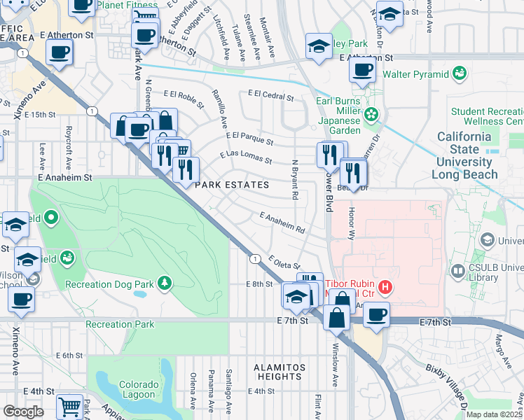 map of restaurants, bars, coffee shops, grocery stores, and more near 5463 East Anaheim Road in Long Beach
