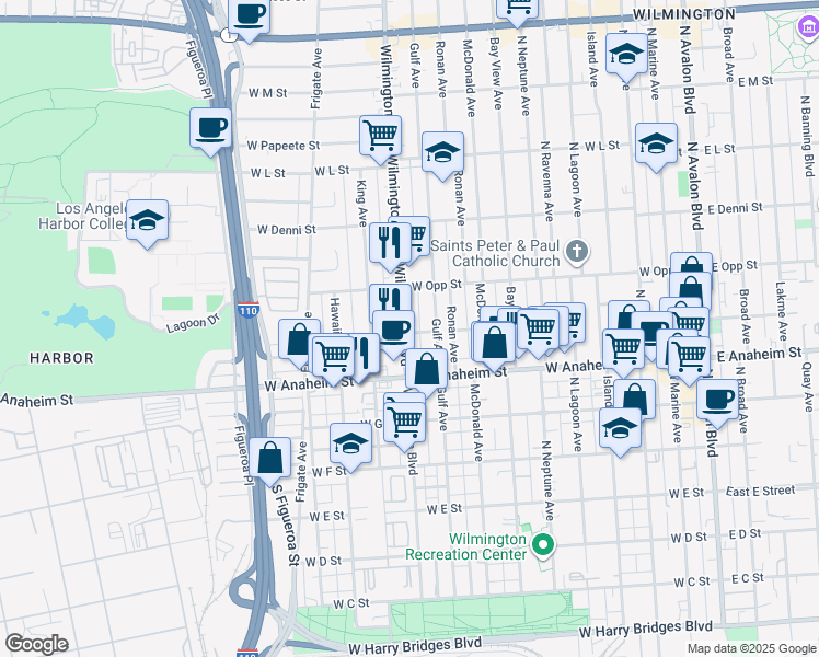map of restaurants, bars, coffee shops, grocery stores, and more near 900 North Wilmington Boulevard in Los Angeles